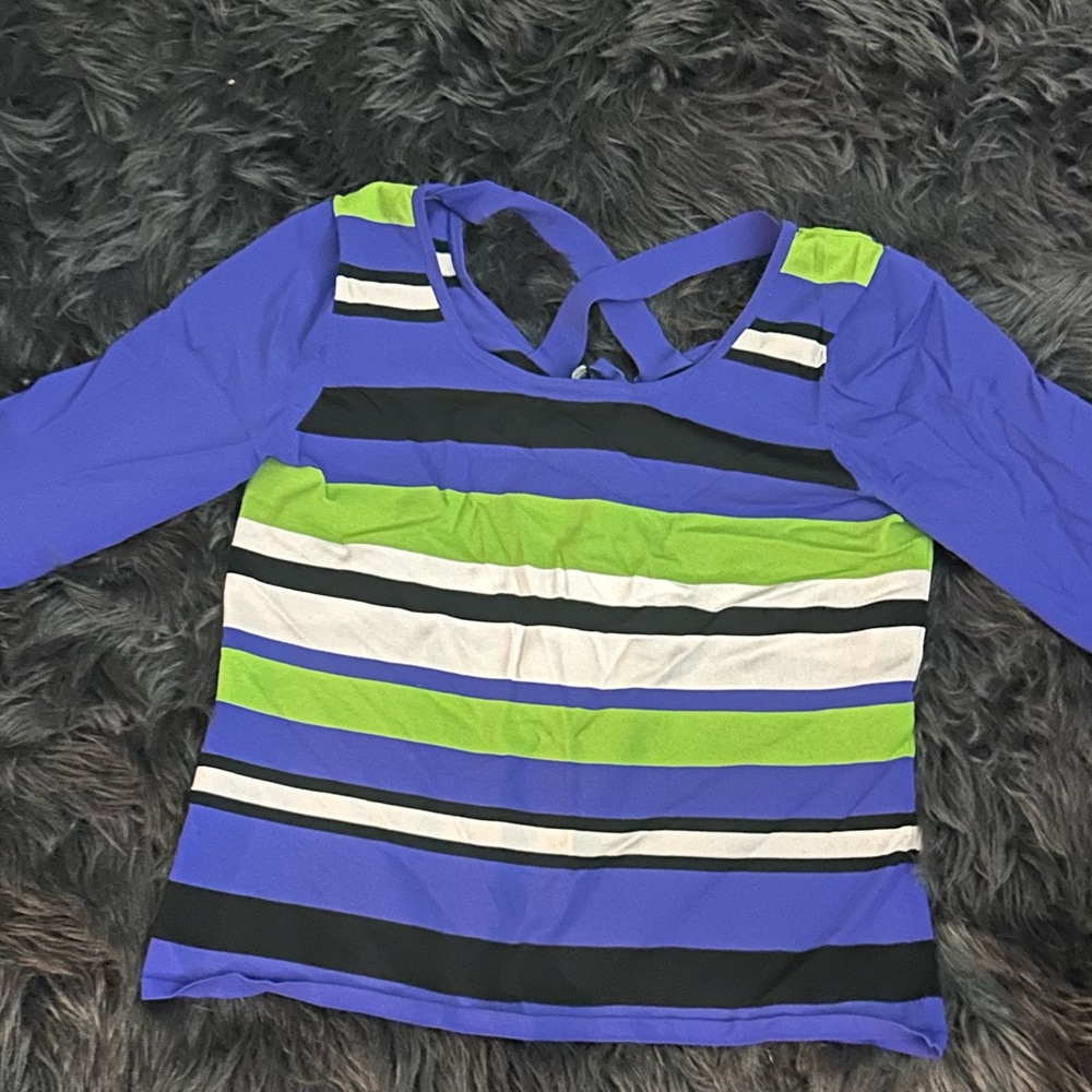 Cable & Gauge Criss Cross Back Striped Blue and Green Women's Top